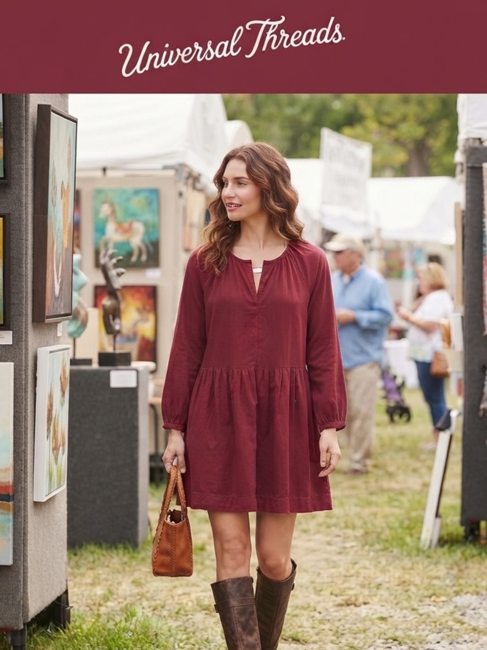 Universal Thread Burgundy Long-Sleeve Mini Babydoll Dress